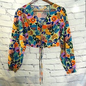 Dress Forum Floral Cropped Long Sleeve Puffed Sleeves Top Size Medium